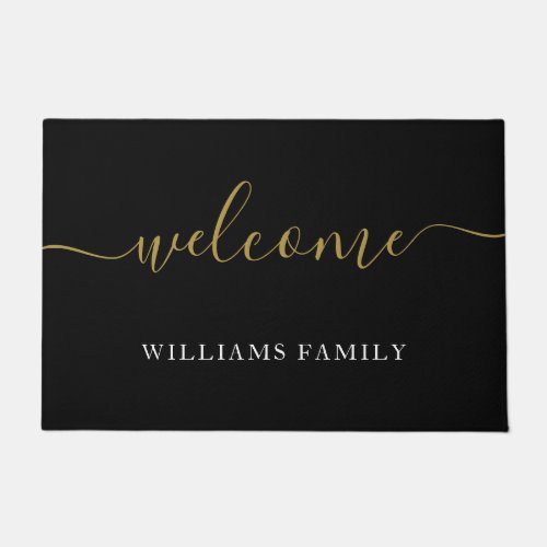 Modern Welcome Black Gold Script Family Name Doormat