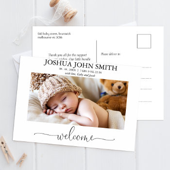 Modern Welcome Calligraphy Birth Announcement Postcard by Sugar_Puff_Kids at Zazzle