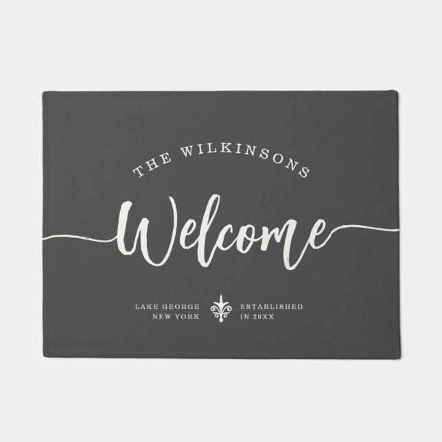 Modern Welcome Family Name Brush Script Gray Doormat (Front)