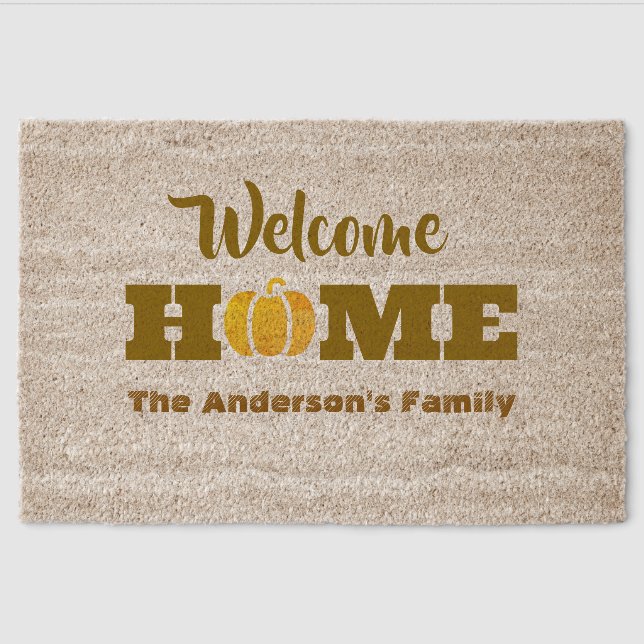 Modern Welcome Home Fall Pumpkin Last Name  Fiber Doormat (Front)