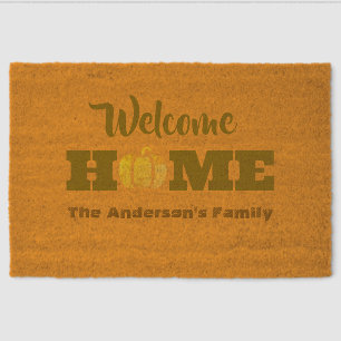 Modern Welcome Home Fall Pumpkin Last Name  Fiber Doormat