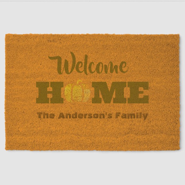 Modern Welcome Home Fall Pumpkin Last Name  Fiber Doormat (Front)