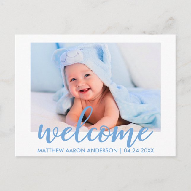 Modern Welcome New Baby Boy Announcement Blue Postcard (Front)