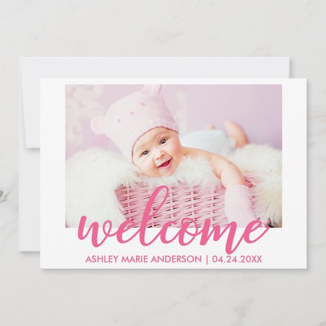Modern Welcome New Baby Hot Pink Announcement (Front)