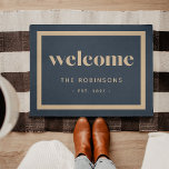 Modern Welcome | Personalized Doormat<br><div class="desc">A great gift for newlyweds or new homeowners,  our personalized welcome doormat in classic navy blue and tan features "welcome" in modern lettering,  with your family name and year established beneath. A wide border completes the design.</div>