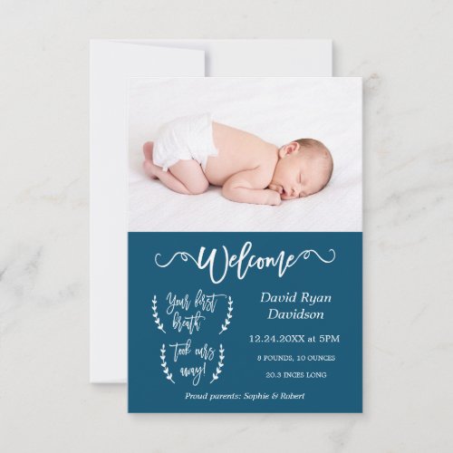 Modern Welcome Photo Baby Boy Birth Announcement