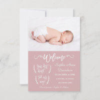 Modern Welcome Photo Baby Girl Birth Announcement