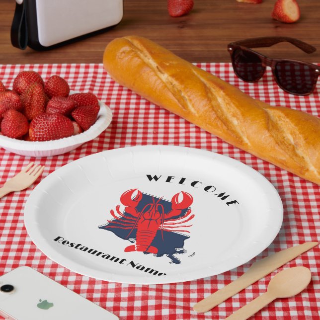 Modern welcome red crayfish Louisiana custom name Paper Plates (Picnic)