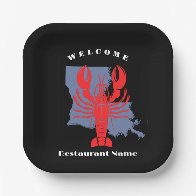 Modern welcome red crayfish Louisiana custom name Paper Plates (Front)