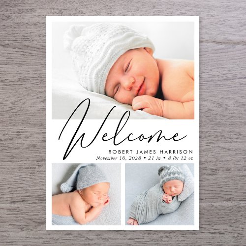 Modern Welcome Script 4 Photo Birth Announcement