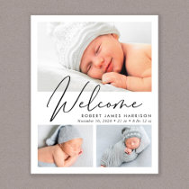 Modern Welcome Script 4 Photo Birth Announcement