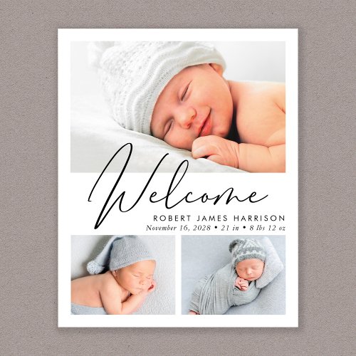 Modern Welcome Script 4 Photo Birth Announcement