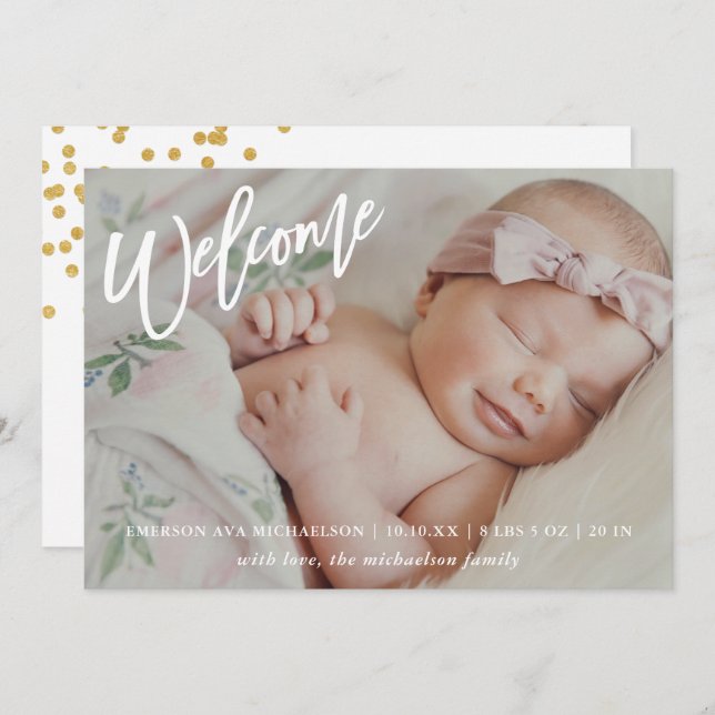 Modern Welcome Script Faux Gold Confetti Birth Announcement (Front/Back)