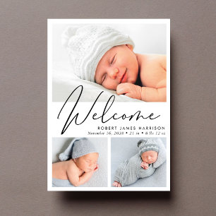 Modern Welcome Script Photo Collage Birth Announcement