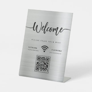Modern Welcome Script WIFI QR Code Silver Metal Pedestal Sign