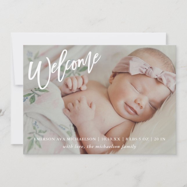 Modern Welcome Script with Photo Baby Birth Announcement (Front)