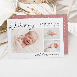 Modern Welcome Three Photo Birth Announcement