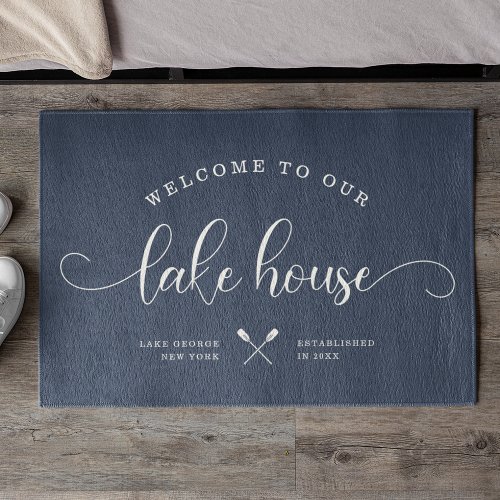 Modern WELCOME TO OUR Lake House Brush Script Blue Doormat