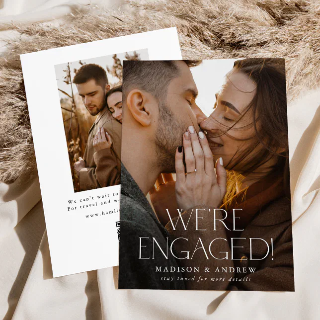Modern We're Engaged 2 Photo QR Code Engagement Announcement | Zazzle