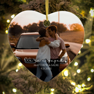 Modern We're Engaged Heart Engagement photo Ceramic Ornament