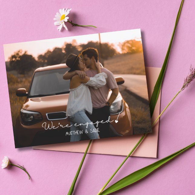 Modern We're Engaged Heart Engagement photo Postcard (Creator Uploaded)