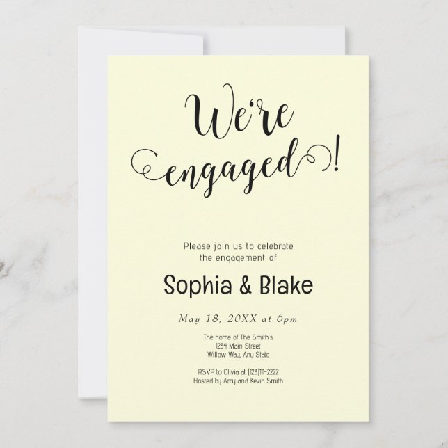 Modern We're Engaged Light Yellow Engagement Party Invitation (Front)