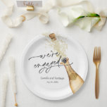 Modern We're Engaged  Party Paper Plate<br><div class="desc">A chic engagement party plate featuring a champagne bottle popping in celebration. Perfect for couples announcing their engagement or hosting a stylish engagement party. Find more matching items in the full collection.</div>