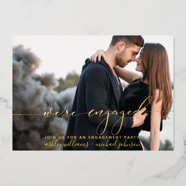 Modern We're Engaged Photo Engagement Party Foil Invitation (Front)