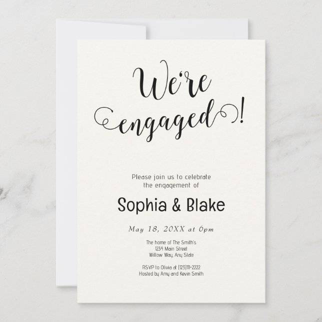 Modern We're Engaged White Cream Engagement Party Invitation (Front)