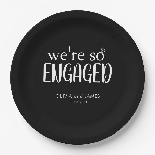 Modern We're So Engaged Diamond Ring Engagement Paper Plates (Front)