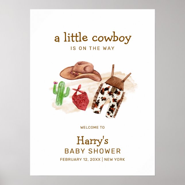 Modern Western Cactus Cowboy Baby Shower Welcome  Poster (Front)