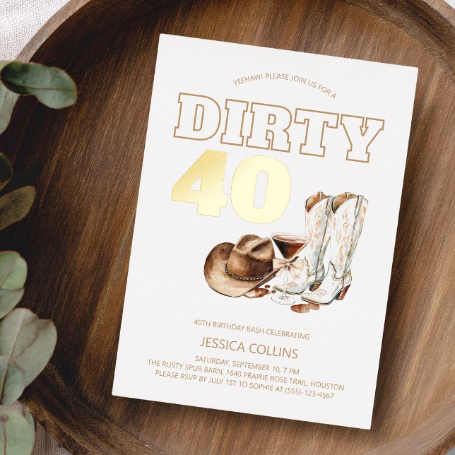 Modern Western Country Cowgirl 40th Birthday Party Foil Invitation (Modern Western Country Cowgirl 40th Birthday Party Foil Invitation)