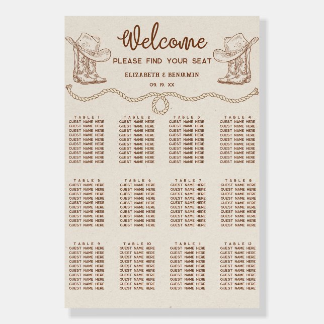 Modern Western Cowboy Brown Wedding Seating Chart Foam Board (Front)