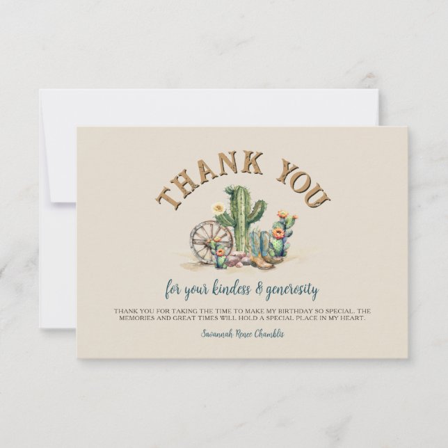 Modern Western Cowgirl Rustic Cactus Thank You (Front)