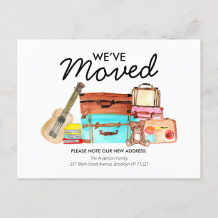 Modern We've Moved Cute Watercolor Luggage Moving Announcement Postcard