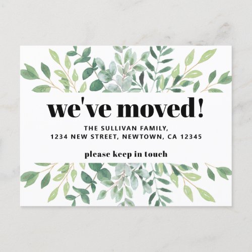 Modern Weve Moved Eucalyptus Greenery Announcement Postcard