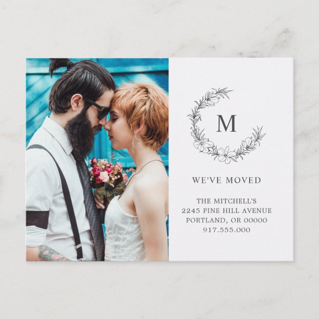 Modern We've Moved Photo Botanical Monogram  Announcement Postcard (Front)