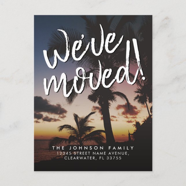 Modern We've Moved Tropical Beach Sunset Moving Announcement Postcard (Front)