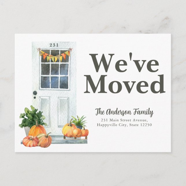 Modern We've Moved White Door Pumpkin Fall Moving Announcement Postcard (Front)