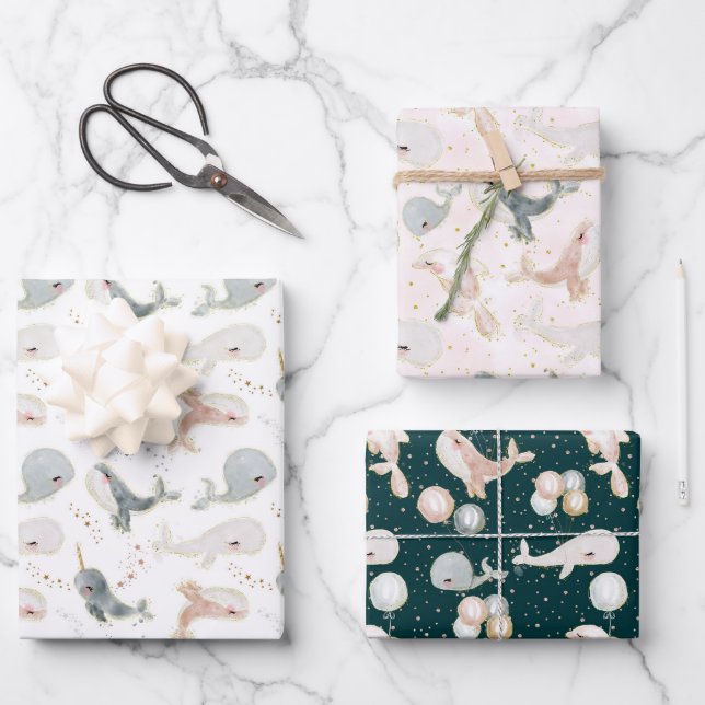 Modern Whale Theme Party Gift Wrapping Paper Sheets (Front)