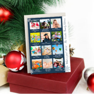 Modern What A Year 12 Photo Collage Blue Christmas Holiday Card