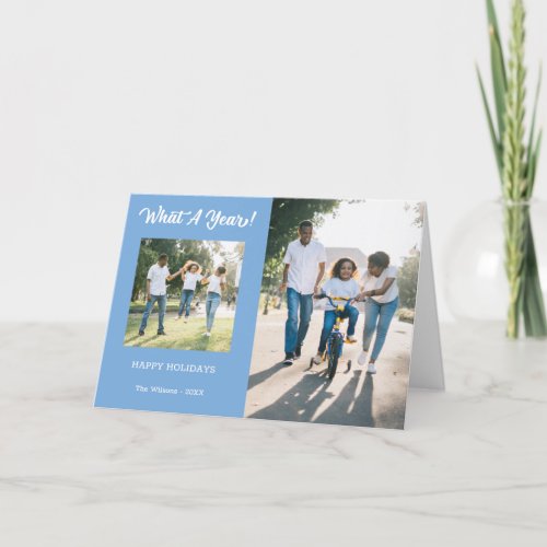 Modern What A Year 3 Photo Light Blue Holiday Card
