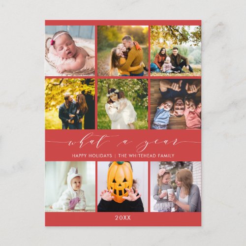 Modern What a Year Berry Red Photo Collage Holiday Postcard