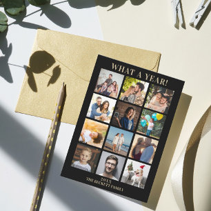 Modern What A Year In Review 12 Photo Collage Holiday Card