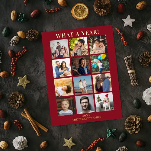 Modern What A Year In Review 12 Photo Collage Real Foil Holiday Card