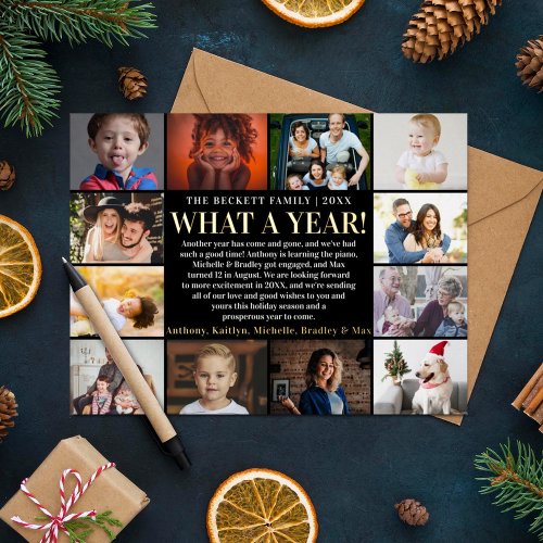 Modern What A Year In Review 12 Photo Collage Real Foil Holiday Card