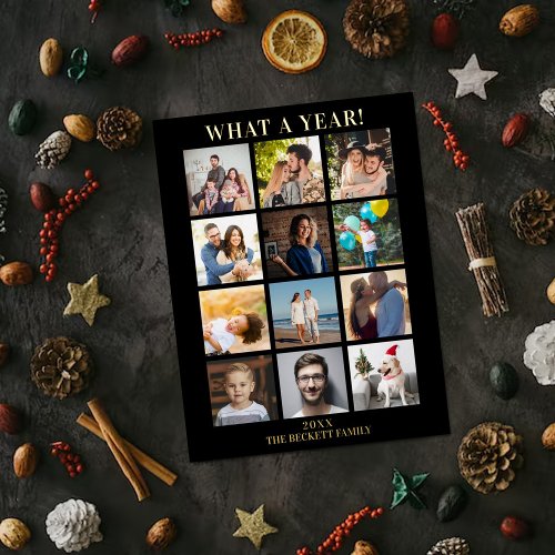 Modern What A Year In Review 12 Photo Collage Real Foil Holiday Postcard