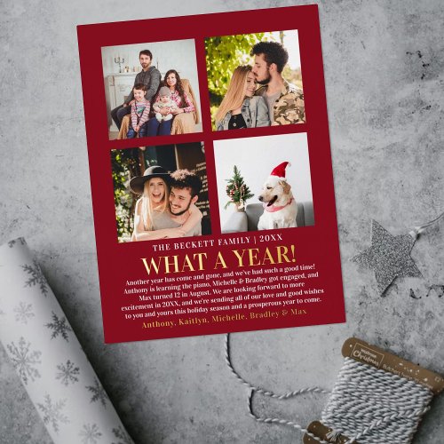 Modern What A Year In Review 4 Photo Collage Real Foil Holiday Card