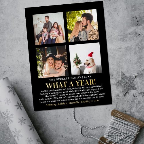 Modern What A Year In Review 4 Photo Collage Real Foil Holiday Card