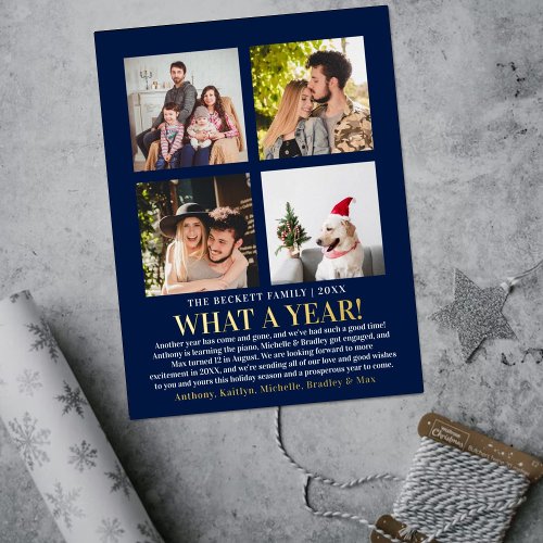 Modern What A Year In Review 4 Photo Collage Real Foil Holiday Postcard